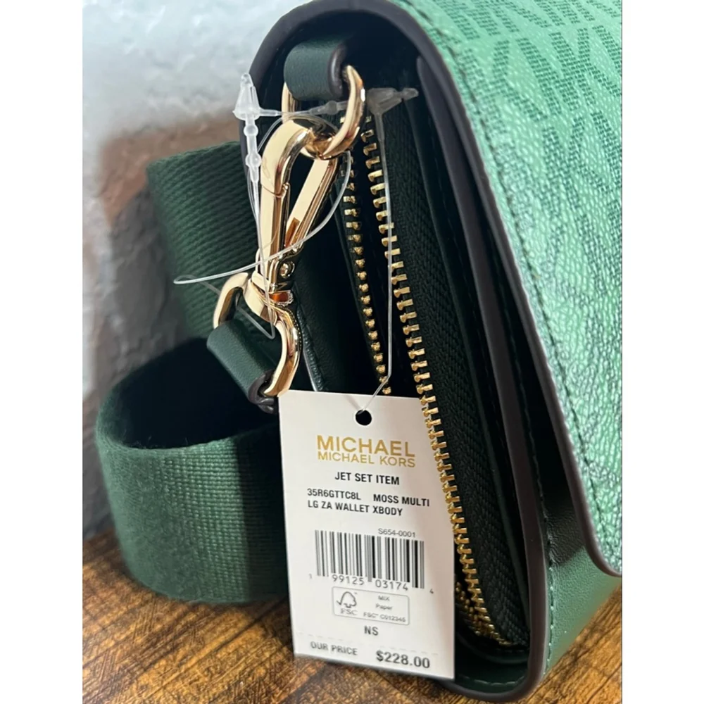 Michael Kors Jet Set Large Moss Multi Crossbody Bag with Logo & Zip Closure